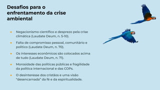 Desaﬁos para o
enfrentamento da crise
ambiental
● Negacionismo cientíﬁco e desprezo pela crise
climática (Laudate Deum, n. 5-10).
● Falta de compromisso pessoal, comunitário e
político (Laudate Deum, n. 70).
● Os interesses econômicos são colocados acima
de tudo (Laudate Deum, n. 71).
● Morosidade das políticas públicas e fragilidade
da política internacional e das COPs.
● O desinteresse dos cristãos e uma visão
“desencarnada” da fé e da espiritualidade.
 
