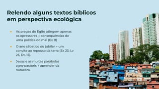 Relendo alguns textos bíblicos
em perspectiva ecológica
● As pragas do Egito atingem apenas
os opressores → consequências de
uma política do mal (Ex 11)
● O ano sábatico ou jubilar → um
convite ao repouso da terra (Ex 23; Lv
25, Dt. 15).
● Jesus e as muitas parábolas
agro-pastoris → aprender da
natureza.
 