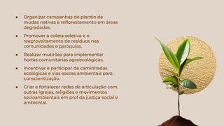 ● Organizar campanhas de plantio de
mudas nativas e reﬂorestamento em áreas
degradadas.
● Promover a coleta seletiva e o
reaproveitamento de resíduos nas
comunidades e paróquias.
● Realizar mutirões para implementar
hortas comunitárias agroecológicas.
● Incentivar e participar de caminhadas
ecológicas e vias-sacras ambientais para
conscientização.
● Criar e fortalecer redes de articulação com
outras igrejas, religiões e movimentos
socioambientais em prol da justiça social e
ambiental.
 