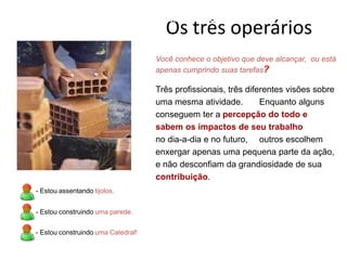 Os três operários
Você conhece o objetivo que deve alcançar, ou está
apenas cumprindo suas tarefas?
Três profissionais, três diferentes visões sobre
uma mesma atividade. Enquanto alguns
conseguem ter a percepção do todo e
sabem os impactos de seu trabalho
no dia-a-dia e no futuro, outros escolhem
enxergar apenas uma pequena parte da ação,
e não desconfiam da grandiosidade de sua
contribuição.
Competências – Visão Estratégica
- Estou assentando tijolos.
- Estou construindo uma parede.
- Estou construindo uma Catedral!
 