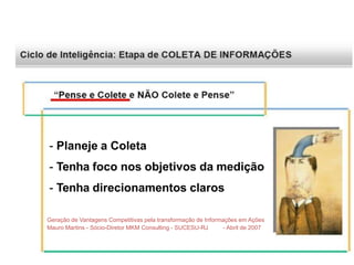 Geração de Vantagens Competitivas pela transformação de Informações em Ações
Mauro Martins - Sócio-Diretor MKM Consulting - SUCESU-RJ - Abril de 2007
- Planeje a Coleta
- Tenha foco nos objetivos da medição
- Tenha direcionamentos claros
Mensuração de Resultados
 