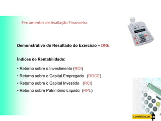 Demonstrativo do Resultado do Exercício – DRE
Índices de Rentabilidade:
• Retorno sobre o Investimento (ROI)
• Retorno sobre o Capital Empregado (ROCE)
• Retorno sobre o Capital Investido (RCI)
• Retorno sobre Patrimônio Líquido (RPL)
Ferramentas de Avaliação Financeira
Indicador Financeiro
 