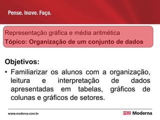 Representação gráfica e média aritmética
Tópico: Organização de um conjunto de dados
Objetivos:
• Familiarizar os alunos com a organização,
leitura e interpretação de dados
apresentadas em tabelas, gráficos de
colunas e gráficos de setores.
 