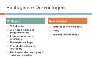 Vantagens e Desvantagens

Vantagens                         Desvantagens
   Velocidade;                      Sensação de Informalidades;
   Motivação maior dos              Prazo;
    programadores;
                                     Aparente falta de escopo;
   Evita surpresa com os
    resultados;
   Diminuição de Bugs;
   Prioridades podem ser
    alteradas;
   Funcionalidades que agregam
    valor vem primeiro.
 