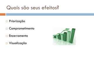 Quais são seus efeitos?

   Priorização

   Comprometimento

   Encerramento

   Visualização
 