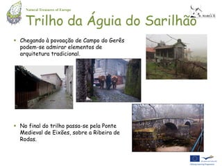 Natural Treasures of Europe


    Trilho da Águia do Sarilhão
 Chegando à povoação de Campo do Gerês
  podem-se admirar elementos de
  arquitetura tradicional.




 No final do trilho passa-se pela Ponte
  Medieval de Eixões, sobre a Ribeira de
  Rodas.
 