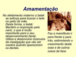 Amamentação   No aleitamento materno o bebê se esforça para buscar o leite no peito da mãe. Desta forma, o bebê: Mantém a respiração pelo nariz, o que é muito importante para o seu desenvolvimento facial. Utiliza e desenvolve músculos da mastigação que vão ser usados quando aparecerem os dentes. Faz a mandíbula ir para frente e para trás, estimulando o crescimento deste osso e de outros ossos da face. 