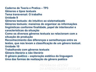Caderno de Teoria e Pratica – TP3 Gêneros e tipos textuais Tema transversal: O trabalho Unidade 9 Gêneros textuais: do intuitivo ao sistematizado Gêneros textuais: maneiras de organizar as informações lingüísticas conforme finalidade, papel de interlocutor e características da situação Como os diversos gêneros textuais se relacionam com a situação de produção Reconhecimento das diferenças e semelhanças entre os textos, que nos levam a classificação de um gênero textual. Unidade 10 Trabalhando com gêneros textuais Gênero literário e não literário O gênero poético – exploração estética da linguagem Uma das formas de realização do gênero poético 