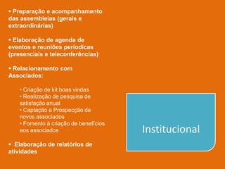 Preparação e acompanhamento
das assembleias (gerais e
extraordinárias)

 Elaboração de agenda de
eventos e reuniões períodicas
(presenciais e teleconferências)

 Relacionamento com
Associados:

    • Criação de kit boas vindas
    • Realização de pesquisa de
    satisfação anual
    • Captação e Prospecção de
    novos associados
    • Fomento à criação de benefícios
    aos associados                      Institucional
 Elaboração de relatórios de
atividades
 