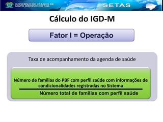 Cálculo do IGD-M
Fator I = Operação
Taxa de acompanhamento da agenda de saúde

Número de famílias do PBF com perfil saúde com informações de
condicionalidades registradas no Sistema
Número total de famílias com perfil saúde

 