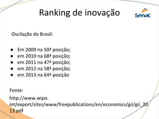 Ranking de inovação
Oscilação do Brasil:
● Em 2009 na 50ª posição;
● em 2010 na 68ª posição;
● em 2011 na 47ª posição;
● em 2012 na 58ª posição;
● em 2013 na 64ª posição
Fonte:
http://www.wipo.
int/export/sites/www/freepublications/en/economics/gii/gii_20
13.pdf
 