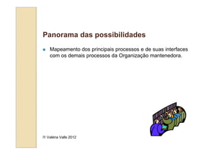 Panorama das possibilidades
    Mapeamento dos principais processos e de suas interfaces
    com os demais processos da Organização mantenedora.




 Valéria Valls 2012
 