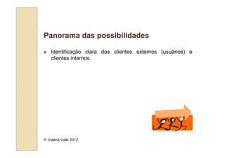 Panorama das possibilidades

    Identificação clara dos clientes externos (usuários) e
    clientes internos.




 Valéria Valls 2012
 