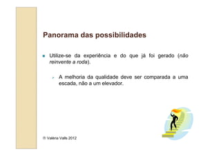 Panorama das possibilidades

   Utilize-se da experiência e do que já foi gerado (não
   reinvente a roda).

         A melhoria da qualidade deve ser comparada a uma
         escada, não a um elevador.




 Valéria Valls 2012
 