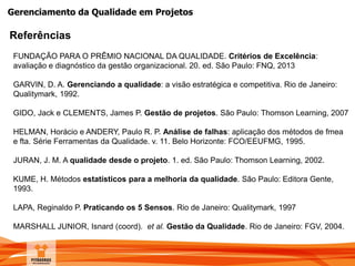 Gerenciamento da Qualidade em Projetos
Referências
FUNDAÇÃO PARA O PRÊMIO NACIONAL DA QUALIDADE. Critérios de Excelência:
avaliação e diagnóstico da gestão organizacional. 20. ed. São Paulo: FNQ, 2013
GARVIN, D. A. Gerenciando a qualidade: a visão estratégica e competitiva. Rio de Janeiro:
Qualitymark, 1992.
GIDO, Jack e CLEMENTS, James P. Gestão de projetos. São Paulo: Thomson Learning, 2007
HELMAN, Horácio e ANDERY, Paulo R. P. Análise de falhas: aplicação dos métodos de fmea
e fta. Série Ferramentas da Qualidade. v. 11. Belo Horizonte: FCO/EEUFMG, 1995.
JURAN, J. M. A qualidade desde o projeto. 1. ed. São Paulo: Thomson Learning, 2002.
KUME, H. Métodos estatísticos para a melhoria da qualidade. São Paulo: Editora Gente,
1993.
LAPA, Reginaldo P. Praticando os 5 Sensos. Rio de Janeiro: Qualitymark, 1997
MARSHALL JUNIOR, Isnard (coord). et al. Gestão da Qualidade. Rio de Janeiro: FGV, 2004.
 
