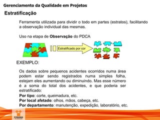 Gerenciamento da Qualidade em Projetos
Ferramenta utilizada para dividir o todo em partes (estratos), facilitando
a observação individual das mesmas.
Uso na etapa de Observação do PDCA
EXEMPLO:
Os dados sobre pequenos acidentes ocorridos numa área
podem estar sendo registrados numa simples folha,
estejam eles aumentando ou diminuindo. Mas esse número
é a soma do total dos acidentes, e que poderia ser
estratificado:
Por tipo: corte, queimadura, etc.
Por local afetado: olhos, mãos, cabeça, etc.
Por departamento: manutenção, expedição, laboratório, etc.
Estratificado por cor
Estratificação
 