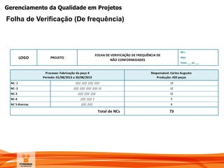 Gerenciamento da Qualidade em Projetos
Folha de Verificação (De frequência)
Rev.:
Data:
Folha ___ de ___
Processo: Fabricação da peça X
Período: 01/08/2013 a 30/08/2013
Responsável: Carlos Augusto
Produção: 420 peças
NC- 1
NC- 2 22//// //// //// //// //
8
NC-3
NC-4
NC´S diversas
//// //// ////
//// //// /
73Total de NCs
LOGO PROJETO
FOLHA DE VERIFICAÇÃO DE FREQUÊNCIA DE
NÃO CONFORMIDADES
//// ////
//// //// //// //// 19
15
9
 
