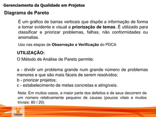 Gerenciamento da Qualidade em Projetos
É um gráfico de barras verticais que dispõe a informação de forma
a tornar evidente e visual a priorização de temas. É utilizado para
classificar e priorizar problemas, falhas, não conformidades ou
anomalias.
Uso nas etapas de Observação e Verificação do PDCA
UTILIZAÇÃO:
O Método de Análise de Pareto permite:
a - dividir um problema grande num grande número de problemas
menores e que são mais fáceis de serem resolvidos;
b - priorizar projetos;
c - estabelecimento de metas concretas e atingíveis.
Nota: Em muitos casos, a maior parte dos defeitos e de seus decorrem de
um número relativamente pequeno de causas (poucos vitais e muitos
triviais: 80 / 20)
Diagrama de Pareto
 