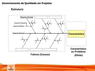 Gerenciamento da Qualidade em Projetos
Característica
Característica
ou Problema
(Efeito)
Espinha Grande
Espinha Média
Espinha Pequena
Espinha Dorsal
Fatores (Causas)
Estrutura:
 