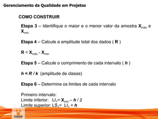 Gerenciamento da Qualidade em Projetos
COMO CONSTRUIR
Etapa 3 – Identifique o maior e o menor valor da amostra Xmáx e
Xmin
Etapa 4 – Calcule a amplitude total dos dados ( R )
R = Xmáx - Xmin
Etapa 5 – Calcule o comprimento de cada intervalo ( h )
h = R / k (amplitude de classe)
Etapa 6 – Determine os limites de cada intervalo
Primeiro intervalo:
Limite inferior: LI1= Xmin – h / 2
Limite superior: LS1= LI1 + h
 