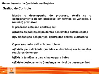 Gerenciamento da Qualidade em Projetos
Mostra o desempenho do processo. Avalia se o
comportamento de um processo, em termos de variação, é
(ou não) previsível.
O processo está sob controle se:
a)Todos os pontos estão dentro dos limites estabelecidos
b)A disposição dos pontos, dentro dos limites, é aleatória
O processo não está sob controle se:
a)Existir periodicidade (subidas e descidas) em intervalos
regulares de tempo
b)Existir tendência para cima ou para baixo
c)Existe deslocamento (mudança no nível de desempenho)
Gráfico de Controle
 