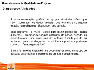Gerenciamento da Qualidade em Projetos
É a representação gráfica de grupos de dados afins, que
são conjuntos de dados verbais que têm entre si, alguma
relação natural que os distinguem dos demais.
Este diagrama é muito usado para reunir grupos de dados
dispersos ou organizar grupos confusos de dados. quando as
ideias formam um caos, quando o tema é muito grande, ou
muito complexo, o diagrama de afinidades pode comportar-se
como um “mapa geográfico”.
É uma ferramenta exploratória e pode mostrar como um grupo de
pessoas entendem um problema ou um fato desconhecido.
Diagrama de Afinidades
 