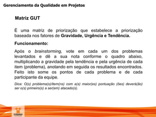 Gerenciamento da Qualidade em Projetos
Matriz GUT
É uma matriz de priorização que estabelece a priorização
baseada nos fatores de Gravidade, Urgência e Tendência.
Funcionamento:
Após o brainstorming, vote em cada um dos problemas
levantados e dê a sua nota conforme o quadro abaixo,
multiplicando a gravidade pela tendência e pela urgência de cada
item (problema), anotando em seguida os resultados encontrados.
Feito isto some os pontos de cada problema e de cada
participante da equipe.
Dica: O(s) problema(s)/item(ns) com a(s) maior(es) pontuação (ões) deverá(ão)
ser o(s) primeiro(s) a ser(em) atacado(s).
 