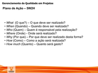 Gerenciamento da Qualidade em Projetos
Plano de Ação – 5W2H
• What (O que?) – O que deve ser realizado?
• When (Quando) – Quando deve ser realizado?
• Who (Quem) – Quem é responsável pela realização?
• Where (Onde) - Onde será realizado?
• Why (Por que) – Por que deve ser realizado desta forma?
• How (Como) – Como a ação será realizada?
• How much (Quanto) – Quanto será gasto?
 