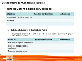 Gerenciamento da Qualidade em Projetos
Objetivos Padrões de Qualidade Indicadores
Atendimento às especificações
Simetria
7. Critérios e Indicadores da Qualidade do Projeto
Os principais objetivos de qualidade os critérios para medir a qualidade do projeto
estão definidos abaixo:
Objetivos Itens de verificação Indicadores
Respeito aos prazos definidos
Respeito aos padrões de
qualidade
Respeito ao orçamento
Plano de Gerenciamento da Qualidade
 