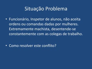 Situação Problema
• Funcionário, Inspetor de alunos, não aceita
ordens ou comandas dadas por mulheres.
Extremamente machista, desentende-se
constantemente com as colegas de trabalho.
• Como resolver este conflito?
 
