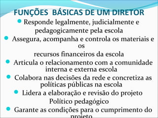 FUNÇÕES BÁSICAS DE UM DIRETOR
Responde legalmente, judicialmente e
pedagogicamente pela escola
 Assegura, acompanha e controla os materiais e
os
recursos financeiros da escola
 Articula o relacionamento com a comunidade
interna e externa escola
 Colabora nas decisões da rede e concretiza as
políticas públicas na escola
 Lidera a elaboração e revisão do projeto
Político pedagógico
 Garante as condições para o cumprimento do
 