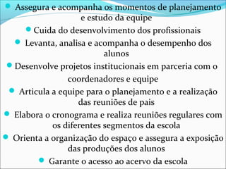  Assegura e acompanha os momentos de planejamento
e estudo da equipe
Cuida do desenvolvimento dos profissionais
 Levanta, analisa e acompanha o desempenho dos
alunos
Desenvolve projetos institucionais em parceria com o
coordenadores e equipe
 Articula a equipe para o planejamento e a realização
das reuniões de pais
 Elabora o cronograma e realiza reuniões regulares com
os diferentes segmentos da escola
 Orienta a organização do espaço e assegura a exposição
das produções dos alunos
 Garante o acesso ao acervo da escola
 