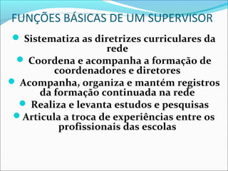 FUNÇÕES BÁSICAS DE UM SUPERVISOR
 Sistematiza as diretrizes curriculares da
rede
 Coordena e acompanha a formação de
coordenadores e diretores
 Acompanha, organiza e mantém registros
da formação continuada na rede
 Realiza e levanta estudos e pesquisas
Articula a troca de experiências entre os
profissionais das escolas
 