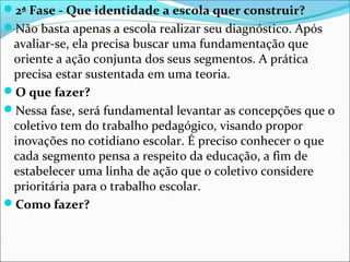 2ª Fase - Que identidade a escola quer construir?
Não basta apenas a escola realizar seu diagnóstico. Após
avaliar-se, ela precisa buscar uma fundamentação que
oriente a ação conjunta dos seus segmentos. A prática
precisa estar sustentada em uma teoria.
O que fazer?
Nessa fase, será fundamental levantar as concepções que o
coletivo tem do trabalho pedagógico, visando propor
inovações no cotidiano escolar. É preciso conhecer o que
cada segmento pensa a respeito da educação, a fim de
estabelecer uma linha de ação que o coletivo considere
prioritária para o trabalho escolar.
Como fazer?
 