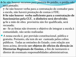6-Se não houver recursos para pintura do prédio, o prédio não
será pintado;
7 -Se não houver verba para a contratação de contador para
a escola, não haverá prestação de contas à FDE;
8-Se não houver verba suficiente para a contratação de
funcionários pela CLT, o dinheiro será devolvido;
9-Se a mão de obra provisória não for qualificada, será
recusada;
10 - Se as festas não tiverem o objetivo de integrar a escola à
comunidade, não serão realizadas
A nossa escola é, por previsão constitucional, pública e
gratuita. Portanto, ela tem de ser custeada pelos cofres
públicos. Todas as omissões do Estado, com relação aos
itens acima, deverão ser objetos de ofícios da direção às
Diretorias Regionais de Ensino, a fim de isentarem o
diretor de eventuais responsabilidades administrativas.
 