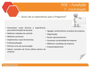 PDE – Fundição
                                                                      7 - Contratação

               • Quais são as expectativas para o Programa?



• Acrescentar novas técnicas e experiências
  para administração de pessoas             • Agregar conhecimento na prática da empresa
• Melhorar métodos de controle              • Organização
• Melhorar processos                        • Buscar aprimoramento
• Implementar novas ferramentas                  • Aumentar lucratividade da empresa
• Profissionalização                             • Melhorar resultados da empresa
• Eliminar erros de comunicação                  • Empreendedorismo
• Aplicar conceitos de forma efetiva dentro da
  empresa
 