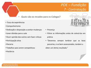 PDE – Fundição
                                                                     7 - Contratação

                • Quais são os recados para os Colegas?

• Troca de experiências
• Companheirismo
• Dedicação e disposição a aceitar mudanças     • Presença
• Levar dúvidas para a sala                     • Filtrar as informações antes de colocá-las em
• Ouvir opinião dos outros sem fazer críticas     prática
• Participação ativa                            • “Devemos sempre lembrar que as boas
• Parceria                                        parcerias, e se bem assessorados, tendem a
• Trabalhar para serem competitivos             obter um ótimo resultado.”
• Paciência
 
