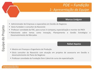 PDE – Fundição
                                                                    1- Apresentação da Equipe

                                                                                     Marcus Lindgren
                       Administrador de Empresas e especialista em Gestão de Negócios
Equipe do Projeto




                       Sócio fundador e consultor da Novociclo
                       Professor convidado da FDC, para cursos in company, especialização e monitor do PAEX
                       Palestrante sobre temas como Inovação, Planejamento e Gestão Estratégica e
                        Desenvolvimento de Mercados



                                                                                       Rafael Aquino

                         Mestre em Finanças e Engenheiro de Produção
                         Sócio consultor da Novociclo com atuação em projetos de assessoria em Gestão e
                          desenvolvimento de Plano de Negócios
                         Professor convidado da Fundação Dom Cabral do curso de especialização
 