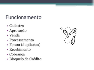Funcionamento
•   Cadastro
•   Aprovação
•   Venda
•   Processamento
•   Fatura (duplicatas)
•   Recebimento
•   Cobrança
•   Bloqueio de Crédito
 