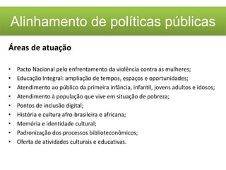 Áreas de atuação
• Pacto Nacional pelo enfrentamento da violência contra as mulheres;
• Educação Integral: ampliação de tempos, espaços e oportunidades;
• Atendimento ao público da primeira infância, infantil, jovens adultos e idosos;
• Atendimento à população que vive em situação de pobreza;
• Pontos de inclusão digital;
• História e cultura afro-brasileira e africana;
• Memória e identidade cultural;
• Padronização dos processos biblioteconômicos;
• Oferta de atividades culturais e educativas.
Alinhamento de políticas públicas
 