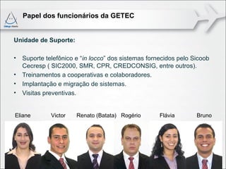 Papel dos funcionários da GETEC


Unidade de Suporte:

•   Suporte telefônico e “in locco” dos sistemas fornecidos pelo Sicoob
    Cecresp ( SIC2000, SMR, CPR, CREDCONSIG, entre outros).
•   Treinamentos a cooperativas e colaboradores.
•   Implantação e migração de sistemas.
•   Visitas preventivas.


Eliane        Victor   Renato (Batata) Rogério       Flávia       Bruno
 