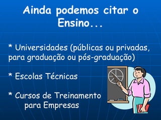 Ainda podemos citar o Ensino... * Universidades (públicas ou privadas, para graduação ou pós-graduação) * Escolas Técnicas * Cursos de Treinamento para Empresas 