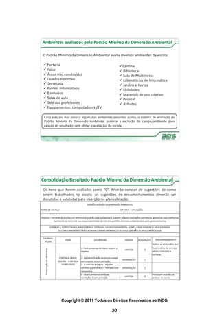 Ambientes avaliados pelo Padrão Mínimo da Dimensão Ambiental

O Padrão Mínimo da Dimensão Ambiental avalia diversos ambientes da escola:

 Portaria                                         Cantina
 Pátio                                             Biblioteca
 Áreas não construídas                             Sala de Multimeios
 Quadra esportiva                                  Laboratórios de Informática
 Secretaria                                        Jardins e hortas
 Painéis informativos                              Utilidades
 Banheiros                                         Materiais de uso coletivo
 Salas de aula                                     Pessoal
 Sala dos professores                              Atitudes
 Equipamentos: computadores /TV

 Caso a escola não possua algum dos ambientes descritos acima, o sistema de avaliação do
 Padrão Mínimo da Dimensão Ambiental permite a exclusão do campo/ambiente para
 cálculo do resultado, sem afetar a avaliação da escola.




Consolidação Resultado Padrão Mínimo da Dimensão Ambiental
Os itens que forem avaliados como “0” deverão constar de sugestões de como
serem trabalhados na escola. As sugestões de encaminhamentos deverão ser
discutidas e validadas para inserção no plano de ação.




            Copyright © 2011 Todos os Direitos Reservados ao INDG

                                             30
 