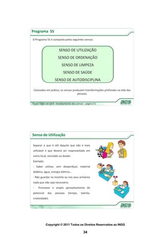 Programa 5S
O Programa 5S é composto pelos seguintes sensos:


                       SENSO DE UTILIZAÇÃO
                      SENSO DE ORDENAÇÃO
                          SENSO DE LIMPEZA
                           SENSO DE SAÚDE
                    SENSO DE AUTODISCIPLINA

 Colocados em prática, os sensos produzem transformações profundas na vida das
                                    pessoas.


Fonte: Livro da GIDE -Detalhamento dos sensos - página 51




Senso de Utilização

Separar o que é útil daquilo que não é mais
utilizável e que deverá ser reaproveitado em
outro local, reciclado ou doado.
Exemplo:
- Saber utilizar, sem desperdiçar, material
didático, água, energia elétrica...
- Não guardar na mochila ou nos seus armários
nada que não seja necessário.
-    Promover o amplo aproveitamento do
potencial    das    pessoas    (tempo,     talento,
criatividade).




            Copyright © 2011 Todos os Direitos Reservados ao INDG

                                             34
 