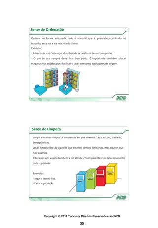 Senso de Ordenação

Ordenar de forma adequada todo o material que é guardado e utilizado no
trabalho, em casa e na mochila do aluno.
Exemplo:
- Saber fazer uso do tempo, distribuindo as tarefas a serem cumpridas.
- O que se usa sempre deve ficar bem perto. É importante também colocar
etiquetas nos objetos para facilitar o uso e o retorno aos lugares de origem.




Senso de Limpeza

 Limpar e manter limpos os ambientes em que vivemos: casa, escola, trabalho,
 áreas públicas.
 Locais limpos não são aqueles que estamos sempre limpando, mas aqueles que
 não sujamos.
 Este senso nos ensina também a ter atitudes "transparentes" no relacionamento
 com as pessoas.


 Exemplos:
 - Jogar o lixo no lixo.
 - Evitar a pichação.




            Copyright © 2011 Todos os Direitos Reservados ao INDG

                                           35
 