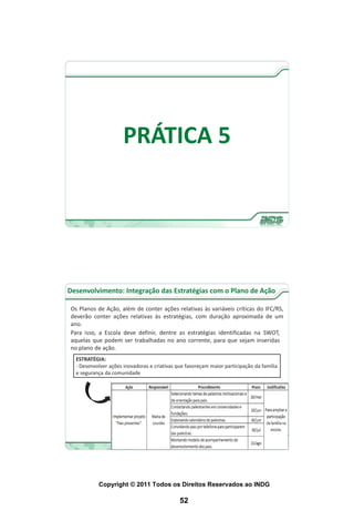 PRÁTICA 5




Desenvolvimento: Integração das Estratégias com o Plano de Ação

Os Planos de Ação, além de conter ações relativas às variáveis críticas do IFC/RS,
deverão conter ações relativas às estratégias, com duração aproximada de um
ano.
Para isso, a Escola deve definir, dentre as estratégias identificadas na SWOT,
aquelas que podem ser trabalhadas no ano corrente, para que sejam inseridas
no plano de ação.
  ESTRATÉGIA:
  - Desenvolver ações inovadoras e criativas que favoreçam maior participação da família
  e segurança da comunidade




           Copyright © 2011 Todos os Direitos Reservados ao INDG

                                              52
 