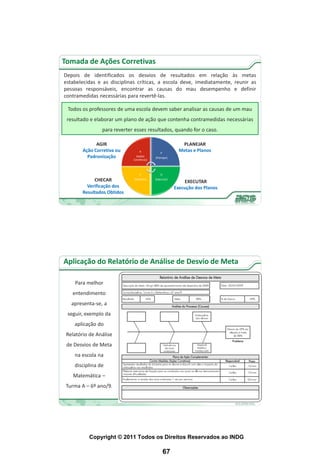 Tomada de Ações Corretivas
Depois de identificados os desvios de resultados em relação às metas
estabelecidas e as disciplinas críticas, a escola deve, imediatamente, reunir as
pessoas responsáveis, encontrar as causas do mau desempenho e definir
contramedidas necessárias para revertê-las.

 Todos os professores de uma escola devem saber analisar as causas de um mau
 resultado e elaborar um plano de ação que contenha contramedidas necessárias
                para reverter esses resultados, quando for o caso.

              AGIR                                         PLANEJAR
        Ação Corretiva ou        A             P
                                                          Metas e Planos
          Padronização         (Ações      (Planejar)
                             Corretivas)



                                 C             D
             CHECAR          (Verificar)   (Executar)
                                                            EXECUTAR
          Verificação dos                               Execução dos Planos
        Resultados Obtidos




Aplicação do Relatório de Análise de Desvio de Meta

    Para melhor
   entendimento
   apresenta-se, a
 seguir, exemplo da
    aplicação do
 Relatório de Análise
 de Desvios de Meta
    na escola na
    disciplina de
    Matemática –
 Turma A – 6º ano/9.




           Copyright © 2011 Todos os Direitos Reservados ao INDG

                                                   67
 