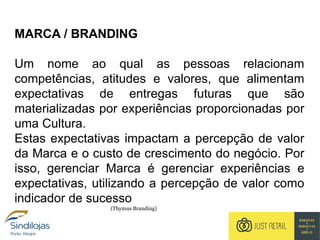MARCA / BRANDING
Um nome ao qual as pessoas relacionam
competências, atitudes e valores, que alimentam
expectativas de entregas futuras que são
materializadas por experiências proporcionadas por
uma Cultura.
Estas expectativas impactam a percepção de valor
da Marca e o custo de crescimento do negócio. Por
isso, gerenciar Marca é gerenciar experiências e
expectativas, utilizando a percepção de valor como
indicador de sucesso
(Thymus Branding)
 
