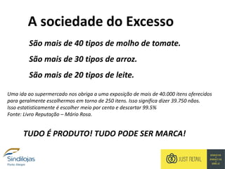 São mais de 40 tipos de molho de tomate.
São mais de 30 tipos de arroz.
São mais de 20 tipos de leite.
Uma ida ao supermercado nos obriga a uma exposição de mais de 40.000 itens oferecidos
para geralmente escolhermos em torno de 250 itens. Isso significa dizer 39.750 nãos.
Isso estatisticamente é escolher meio por cento e descartar 99.5%
Fonte: Livro Reputação – Mário Rosa.
TUDO É PRODUTO! TUDO PODE SER MARCA!
A sociedade do Excesso
 