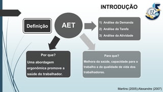 AET
Por que?
Uma abordagem
ergonômica promove a
saúde do trabalhador.
1) Análise da Demanda
2) Análise da Tarefa
3) Análise da Atividade
Para que?
Melhora da saúde, capacidade para o
trabalho e da qualidade de vida dos
trabalhadores.
Definição
INTRODUÇÃO
Martins (2005);Alexandre (2007)
 
